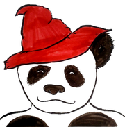 A sketched portrait of a panda wearing a red witch hat