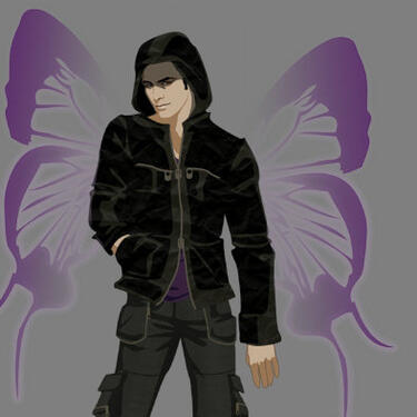 Mysterious edgy man with purple butterfly ghost wings